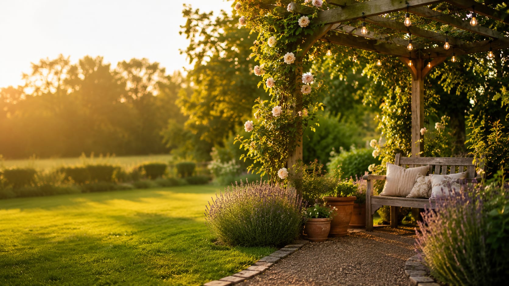 A beautifully maintained lawn and garden at golden hour